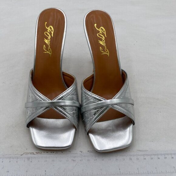 FOWT Silver Metallic Croc-embossed Mules Square Toe Cross Narrow Band Sandals - Picture 3 of 8